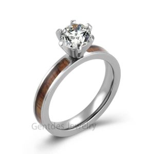 Titanium Ring, Women Rings, White Zircon, Wooden Wedding Bands