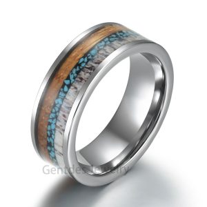 Silver Tungsten Ring, Comfort Fit, Wood Ring, Antler Turquoise Wedding Bands