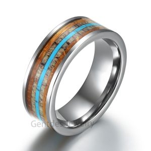 Silver Tungsten Ring, Comfort Fit, Wood Ring, Antler Turquoise Wedding Bands