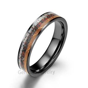 Ceramic Ring, 6MM Black Rings, Meteorite Debris&Dinosaur Bone, Mens Tungsten Wedding Band, Whiskey Barrel Ring, Mens Ring