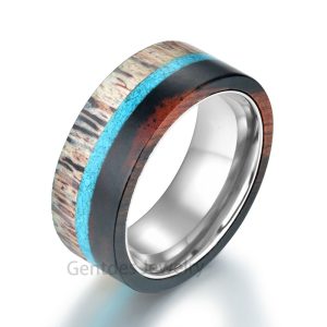 Silver Titanium Ring, Comfort Fit, Wood Ring, Antler Turquoise Wedding Bands
