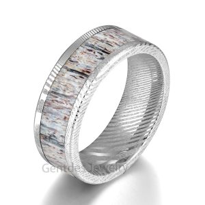 Silver DAMASCUS Ring, Comfort Fit, ANTLER Ring, 8MM Wedding Bands