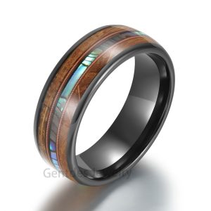 Ceramic Ring, Black Rings, Mens Tungsten Wedding Band, Whiskey Barrel Ring, Mens Ring, Abalone Shell Ring