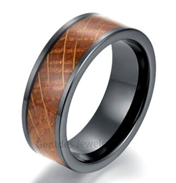 Ceramic Ring, Wood Rings, Mens Wedding Band, Whiskey Barrel Ring