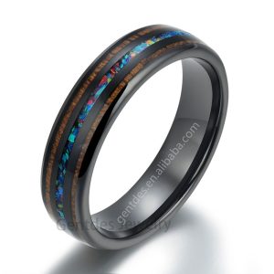 Black Tungsten Ring, 6MM Wedding Bands, Comfort Fit, Opal Ring, Walnut Wood