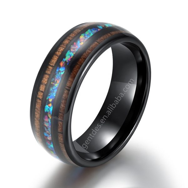 Black Tungsten Ring, 8MM Wedding Bands, Comfort Fit, Opal Ring, Walnut Wood