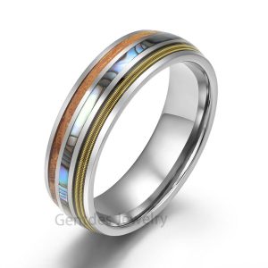 Tungsten Ring, Silver High Polished Mens Jewelry,Abalone Shell&Guitar String&Whiskey Barrel Wood, Unique Wedding Bands