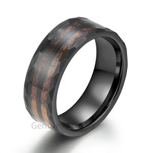 Black Tungsten Ring, Hammered Wedding Band, Charred Whiskey Barrel Wood, 8mm Wide