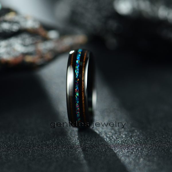Black Tungsten Ring, 6MM Wedding Bands, Comfort Fit, Opal Ring, Walnut Wood - 图片 2