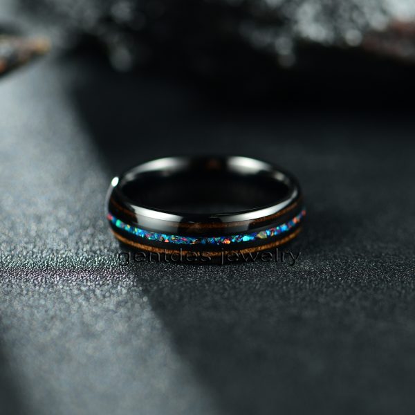 Black Tungsten Ring, 6MM Wedding Bands, Comfort Fit, Opal Ring, Walnut Wood - 图片 3