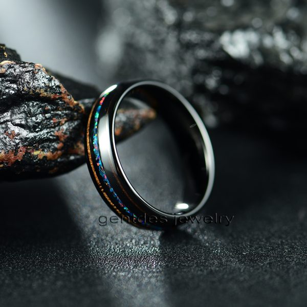 Black Tungsten Ring, 6MM Wedding Bands, Comfort Fit, Opal Ring, Walnut Wood - 图片 4