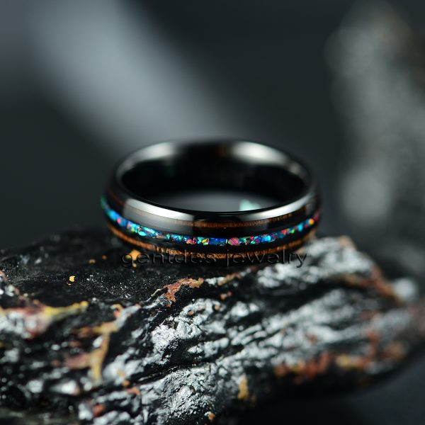 Black Tungsten Ring, 6MM Wedding Bands, Comfort Fit, Opal Ring, Walnut Wood - 图片 5