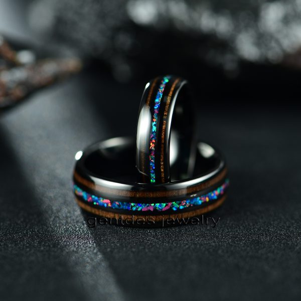 Black Tungsten Ring, 6MM Wedding Bands, Comfort Fit, Opal Ring, Walnut Wood - 图片 6