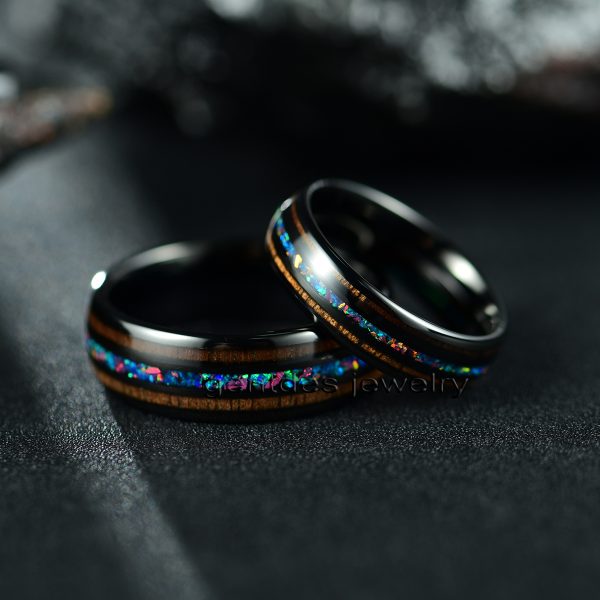Black Tungsten Ring, 6MM Wedding Bands, Comfort Fit, Opal Ring, Walnut Wood - 图片 7