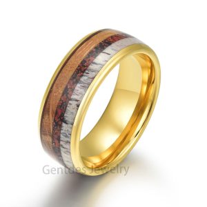 8mm Mens Wedding Band, Rings for Men, Gold Tungsten Ring, Antler Ring, Red Dinosaur Bone,  Whiskey Barrel Wood