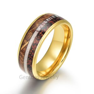 8mm Mens Wedding Band, Rings for Men, Gold Tungsten Ring, Antler Ring, Red Dinosaur Bone,  Whiskey Barrel Wood