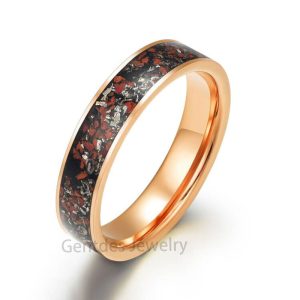 6mm Mens Wedding Band, Rings for Men, Rose Gold Tungsten Ring,meteorite debris, Red Dinosaur Bone