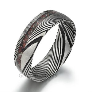 Silver DAMASCUS Ring, Comfort Fit, 8MM Wedding Bands, Meteorite debris and dinosaur bone