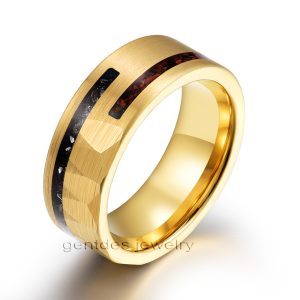 8MM Mens Ring, Gold Tungsten Ring, Crushed Red Dinosaur Bones, Crushed Meteorite Ring, Flat Hammered Ring, Wedding Bands