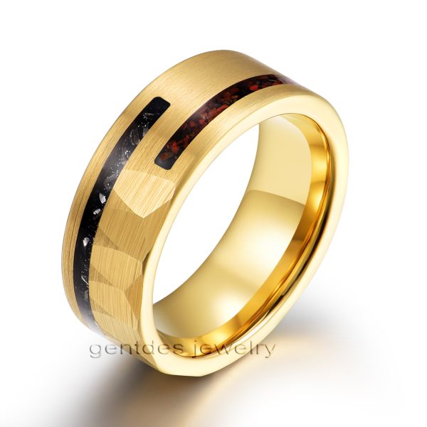 8MM Mens Ring, Gold Tungsten Ring, Crushed Red Dinosaur Bones, Crushed Meteorite Ring, Flat Hammered Ring, Wedding Bands