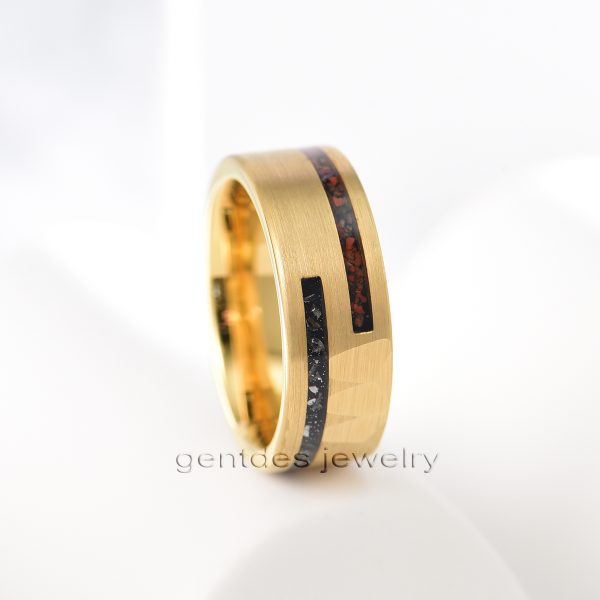8MM Mens Ring, Gold Tungsten Ring, Crushed Red Dinosaur Bones, Crushed Meteorite Ring, Flat Hammered Ring, Wedding Bands - 图片 3