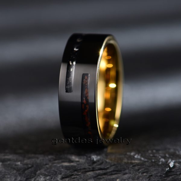 8MM Mens Wedding Band, Flat Tungsten Ring, Dinosaur Bones Ring, Meteorite Ring - 图片 3