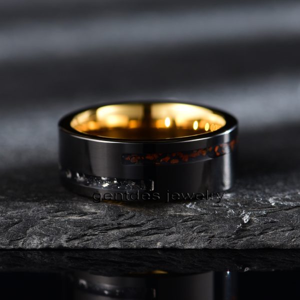 8MM Mens Wedding Band, Flat Tungsten Ring, Dinosaur Bones Ring, Meteorite Ring - 图片 2