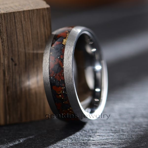 8MM Mens Wedding Band, Silver Tungsten Ring, Dinosaur Bones Ring, Meteorite Ring, Comfort Fit - 图片 5