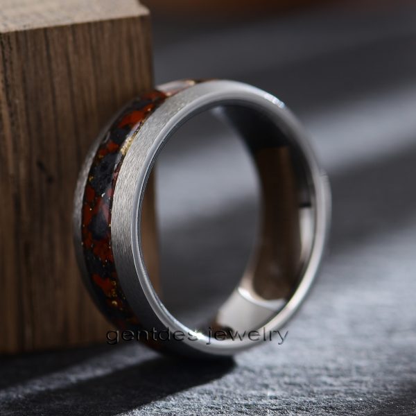 8MM Mens Wedding Band, Silver Tungsten Ring, Dinosaur Bones Ring, Meteorite Ring, Comfort Fit - 图片 4