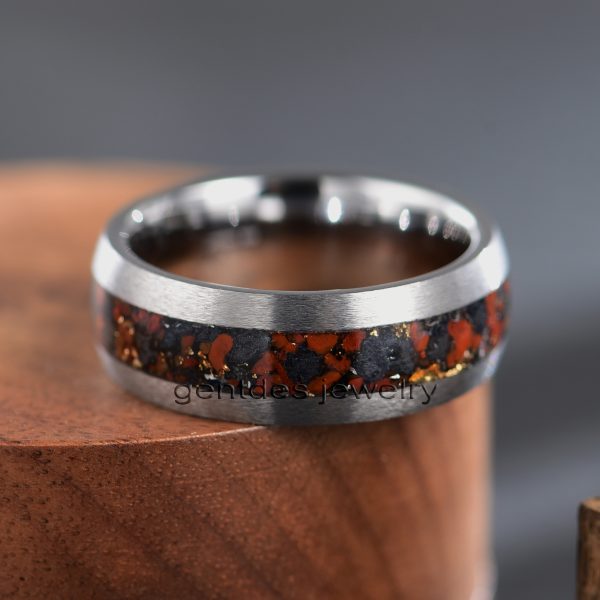 8MM Mens Wedding Band, Silver Tungsten Ring, Dinosaur Bones Ring, Meteorite Ring, Comfort Fit - 图片 3