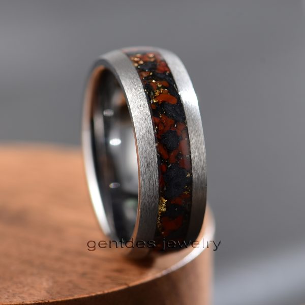 8MM Mens Wedding Band, Silver Tungsten Ring, Dinosaur Bones Ring, Meteorite Ring, Comfort Fit - 图片 2