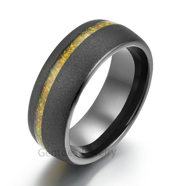 Black Tungsten Ring, Comfort Fit, opal Ring, Wedding Bands