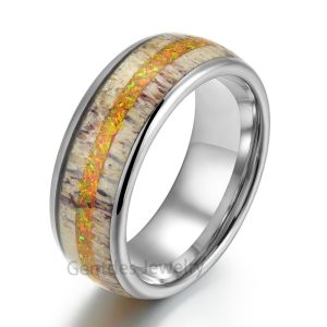 Silver Tungsten Ring, Comfort Fit, Antler Ring, Opal Wedding Bands