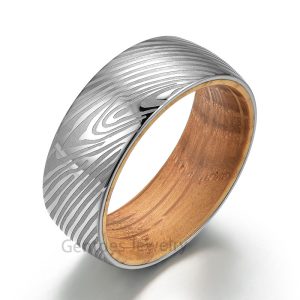 Silver DAMASCUS Ring, Comfort Fit, wood Ring, 8MM Wedding Bands