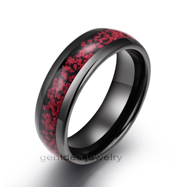 8MM Ceramic Ring, Comfort Fit, High Polish, Crushed Red Stone Ring, Wedding Bands Ring, Mens Ring