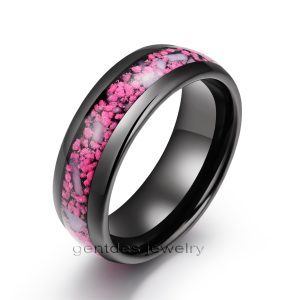 Black Ceramic Ring, Comfort Fit, High Polish, Crushed Pink Stone Ring, Wedding Bands Ring, 8MM Mens Ring