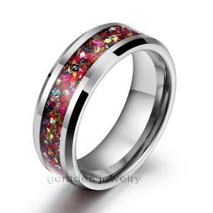 Colorful Zircon Ring, Cz Wedding Bands, Silver Tungsten Ring, 8MM Mens Engagement Ring, Beveled Edge Ring