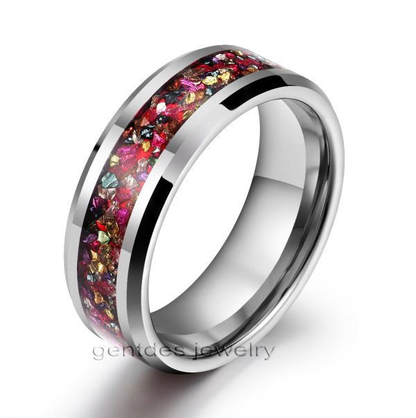 Colorful Zircon Ring, Cz Wedding Bands, Silver Tungsten Ring, 8MM Mens Engagement Ring, Beveled Edge Ring