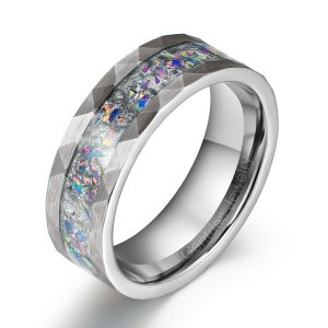 Tungsten Carbide Ring, Crushed Opal Ring, Mens Wedding Ring, 8MM Silver Ring, Hammered Ring, High Polish, Engagement Bands