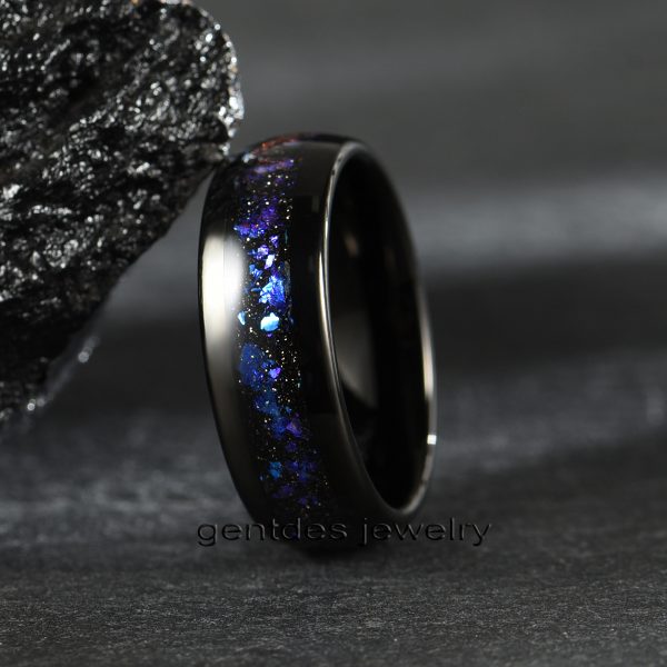 Violet Arenaceous Stone Ring, Tungsten Carbide Ring, Mens Wedding Ring, 8MM Black Ring, High Polish, Engagement Bands - 图片 6
