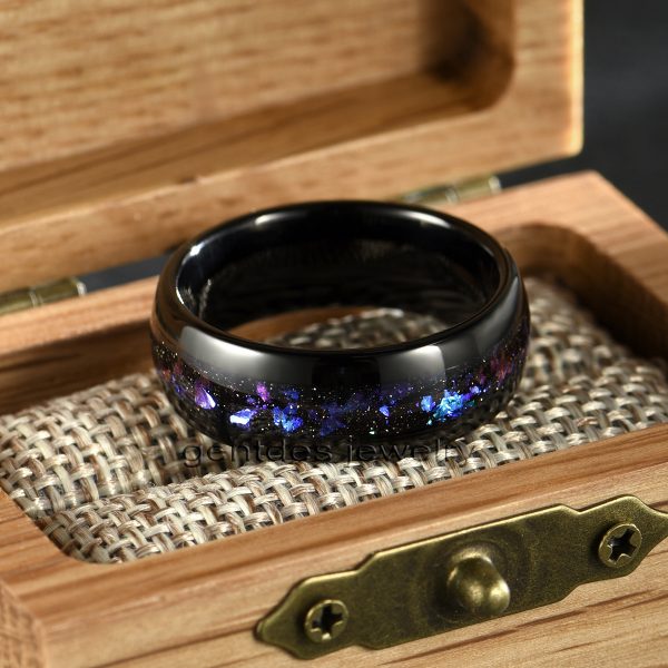 Violet Arenaceous Stone Ring, Tungsten Carbide Ring, Mens Wedding Ring, 8MM Black Ring, High Polish, Engagement Bands - 图片 5