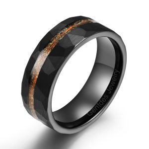 Hammered Ring, Tungsten Carbide Ring, Mens Wedding Ring, 8MM Black Ring, Gold Foil Ring,Engagement Bands