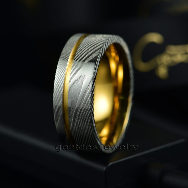 8MM Damascus Ring, Sliver Hammered Damascus Steel Ring, Gold Ring, Men Wedding Band - 图片 3