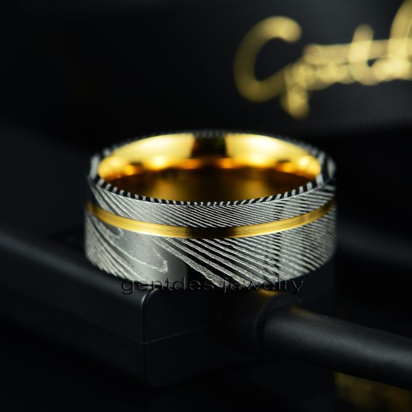 8MM Damascus Ring, Sliver Hammered Damascus Steel Ring, Gold Ring, Men Wedding Band - 图片 4