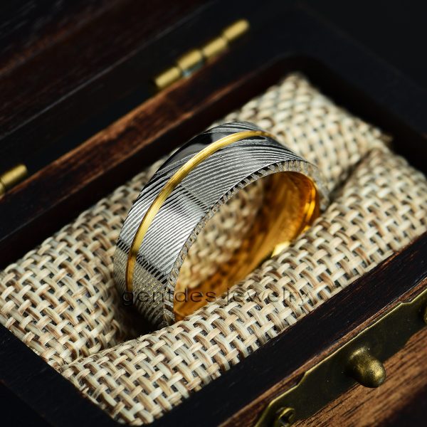 8MM Damascus Ring, Sliver Hammered Damascus Steel Ring, Gold Ring, Men Wedding Band - 图片 5