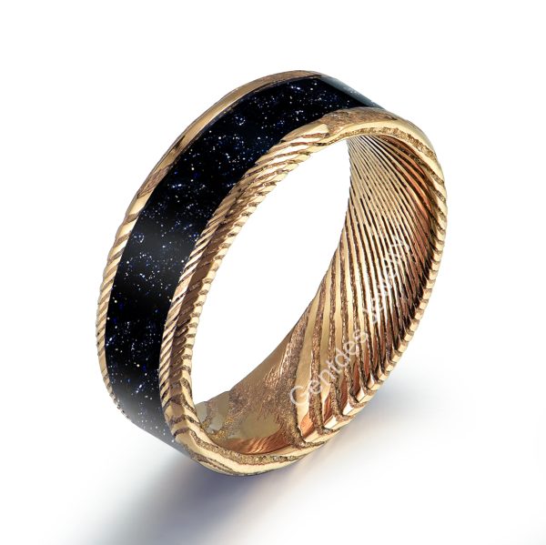 8MM Mens Ring, Gold Hammered Damascus Steel Ring, Yellow gold Steel Band, Purple Sandstone Ring, Engagement Ring Men