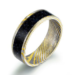 Damascus Steel Ring, Gold And Silver Ring, Violet Arenaceous Stone Ring, Anniversary Ring, Mens Wedding Ring, 8MM Engagement Bands