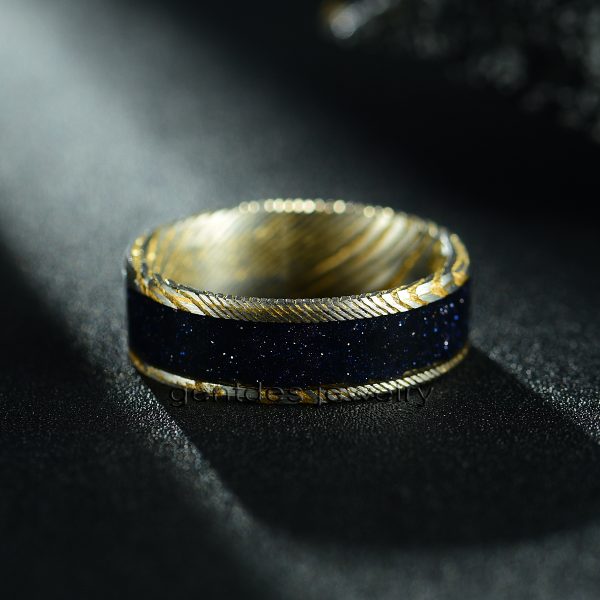 Damascus Steel Ring, Gold And Silver Ring, Violet Arenaceous Stone Ring, Anniversary Ring, Mens Wedding Ring, 8MM Engagement Bands - 图片 4