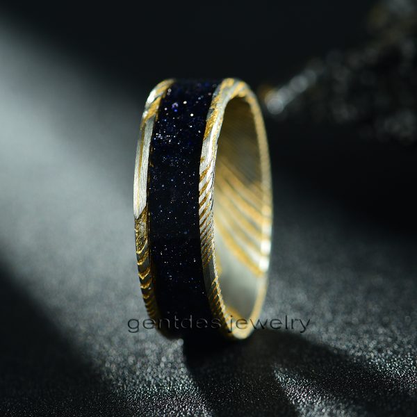 Damascus Steel Ring, Gold And Silver Ring, Violet Arenaceous Stone Ring, Anniversary Ring, Mens Wedding Ring, 8MM Engagement Bands - 图片 3