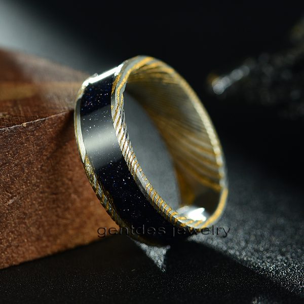 Damascus Steel Ring, Gold And Silver Ring, Violet Arenaceous Stone Ring, Anniversary Ring, Mens Wedding Ring, 8MM Engagement Bands - 图片 2